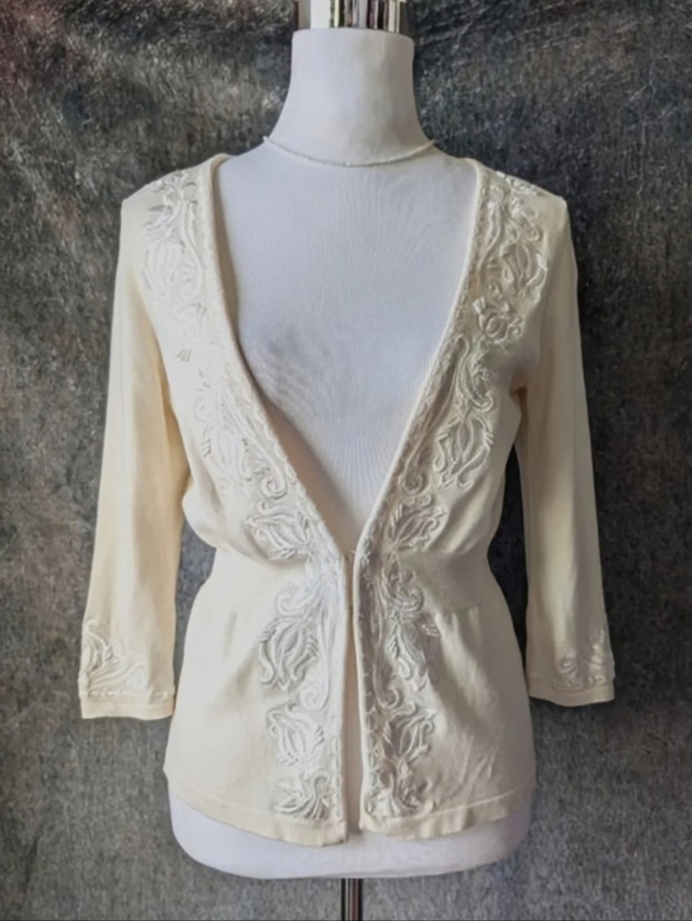 WHBM Ivory Silk Embroidered Beaded Cardigan